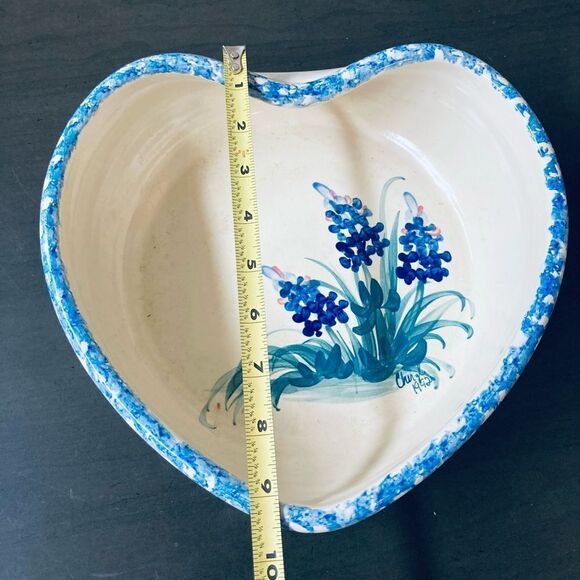 Texas Bluebonnets Heart Shaped Pottery Bowl Dish Large - Picture 2 of 5